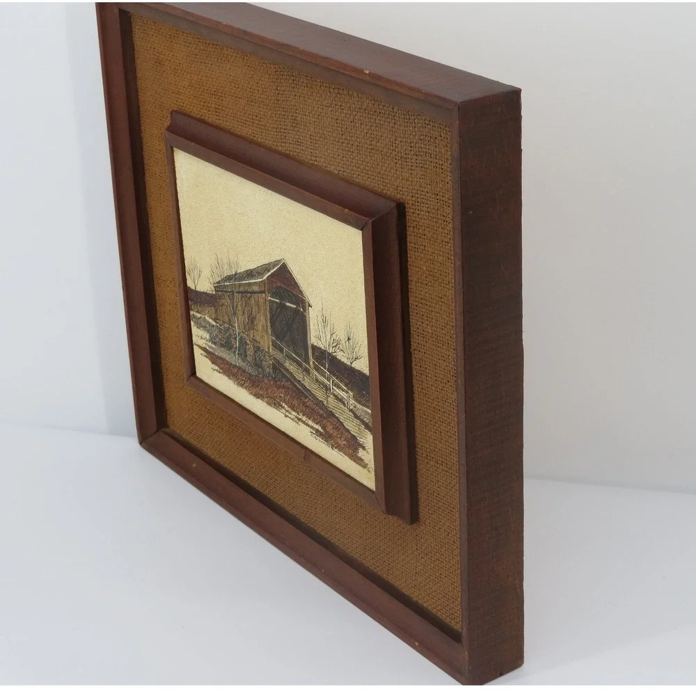Vintage Signed Covered Bridge Lithograph,Americana, Burlap Wood Frame 13x14